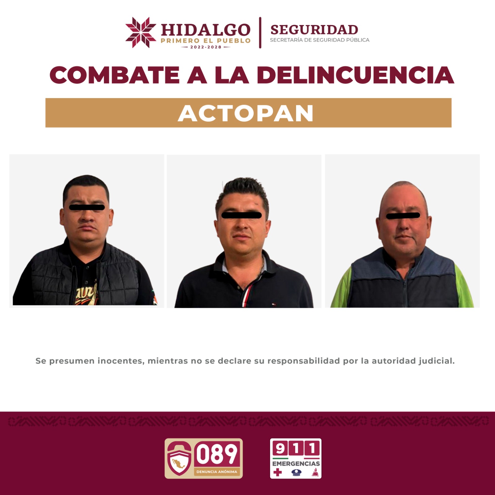 Tras reporte de disparos, SSPH detiene a tres sujetos en Actopan