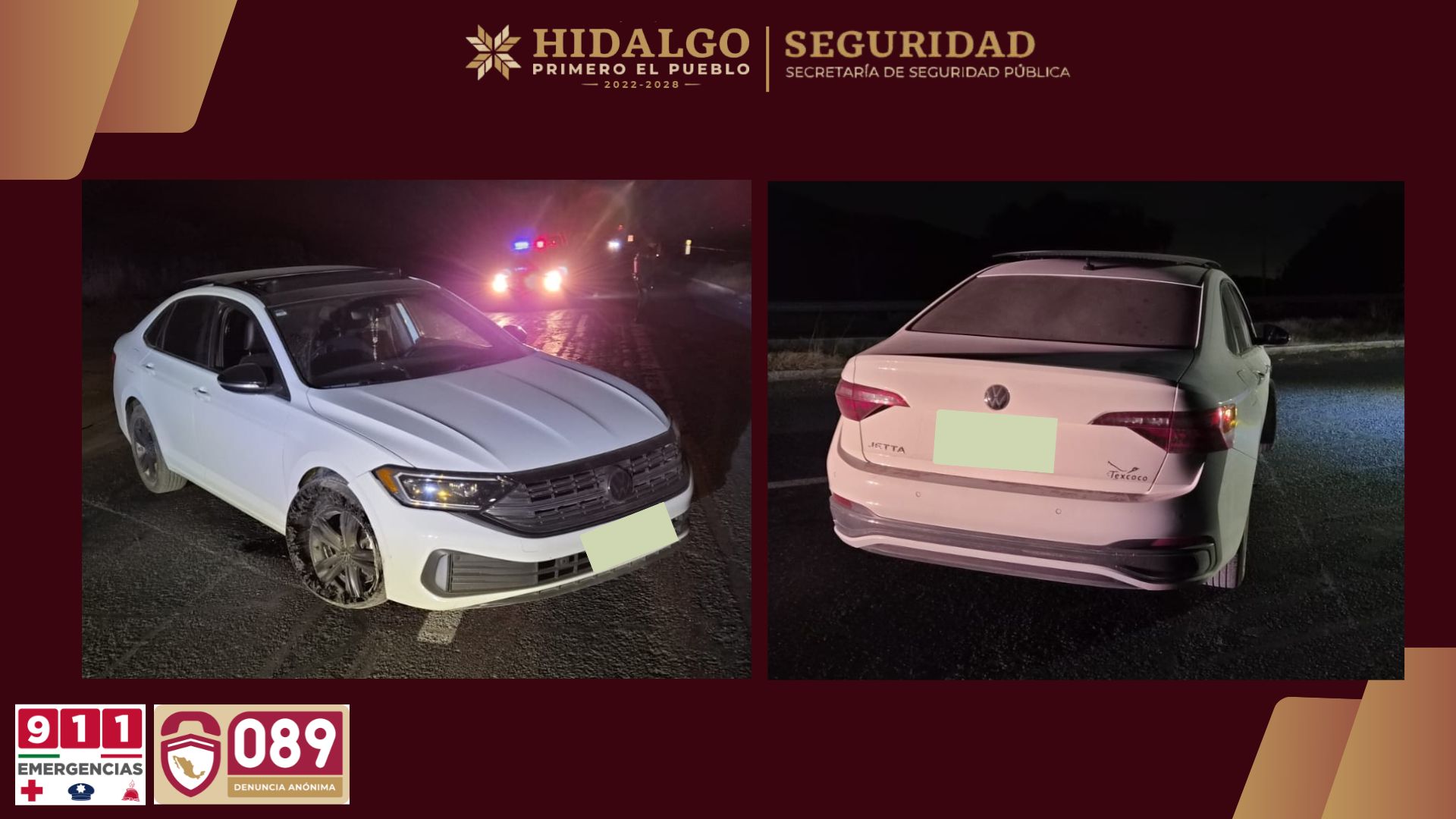 Policía Estatal recupera vehículo robado tras persecución sobre la Pachuca - Cd. Sahagún