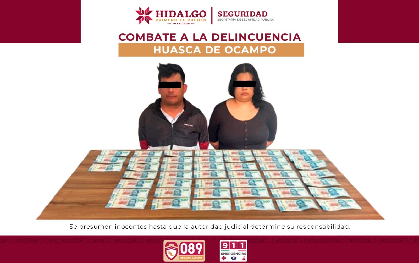 SSPH detiene en Huasca a dos personas con 45 billetes falsos